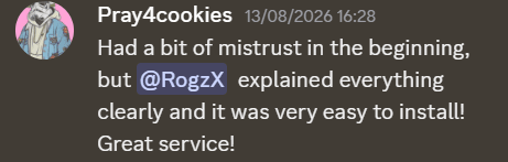 Discord vouch from a RogzX customer