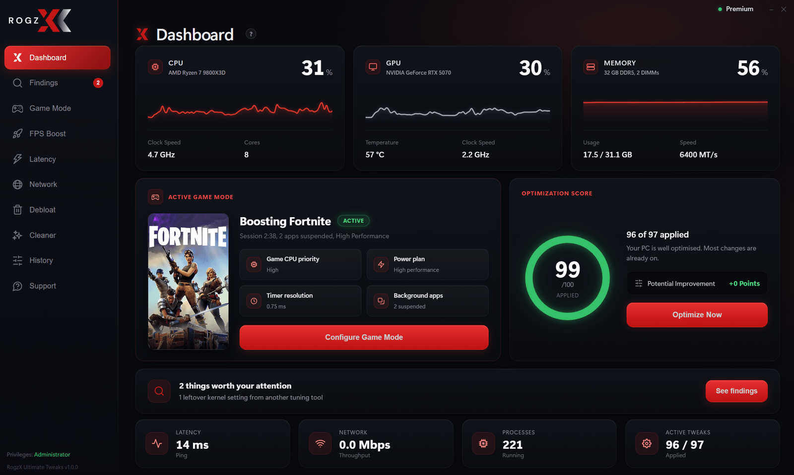 RogzX Ultimate Tweaks dashboard